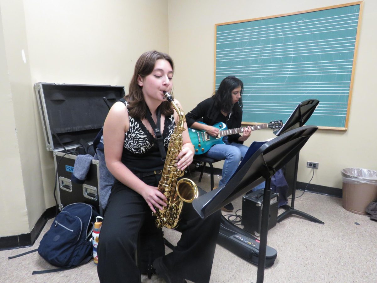 The Dissonance band rehearsing for their production. Along with writing the show, Valaskovic also plays the saxophone in the band.
