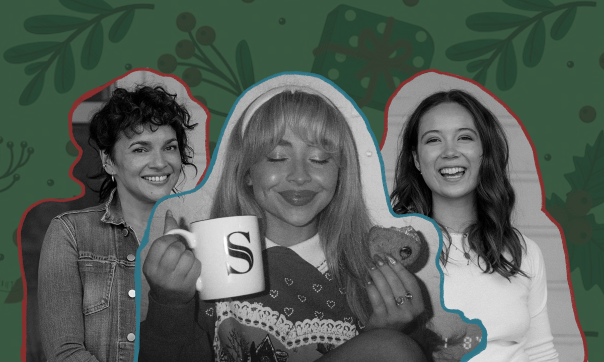 An illustration of Laufey, Norah Jones and Sabrina Carpenter on a dark green background with presents and mistletoe in the background.