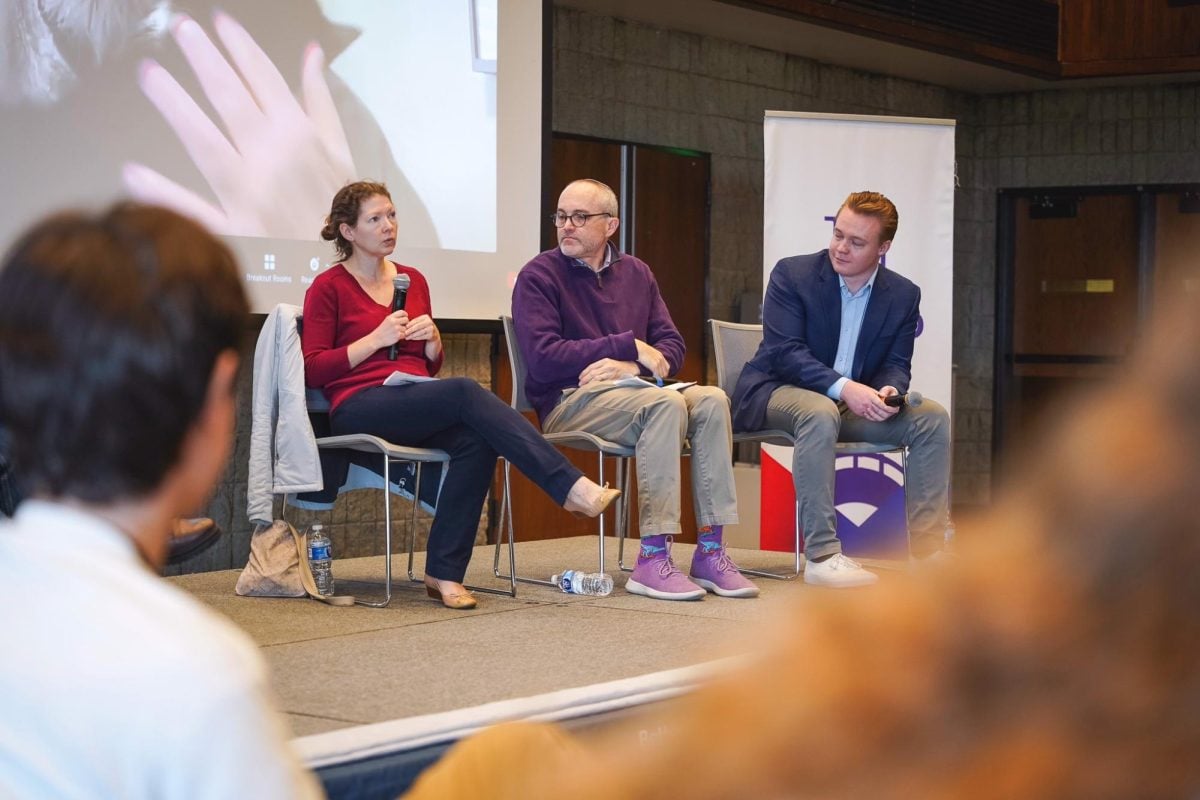 Political science Prof. Laurel Harbridge-Yong, Northwestern Hillel Executive Director Michael Simon and BridgeUSA Chief Operating Officer Ross Irwin (left to right) discuss political polarization at NU on a Saturday afternoon panel.