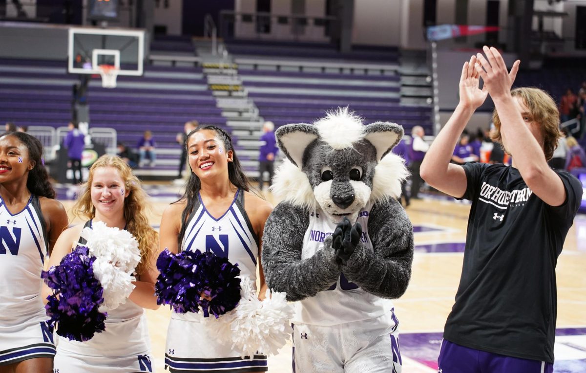 A wildcat mascot stands next to cheerleaders dressed in purple and white.