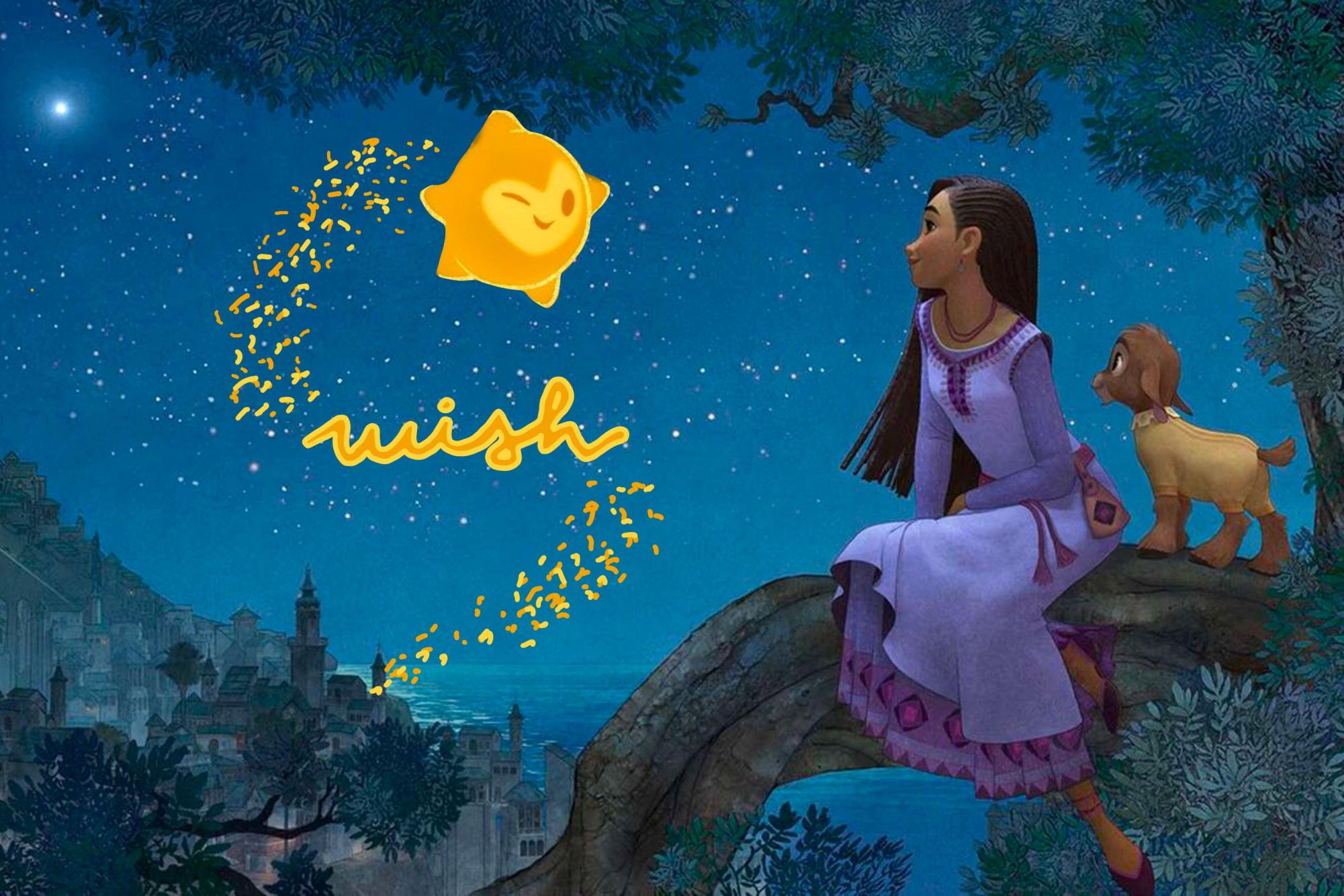 An illustration of a girl wearing a purple dress looking at a large star over a distant village.