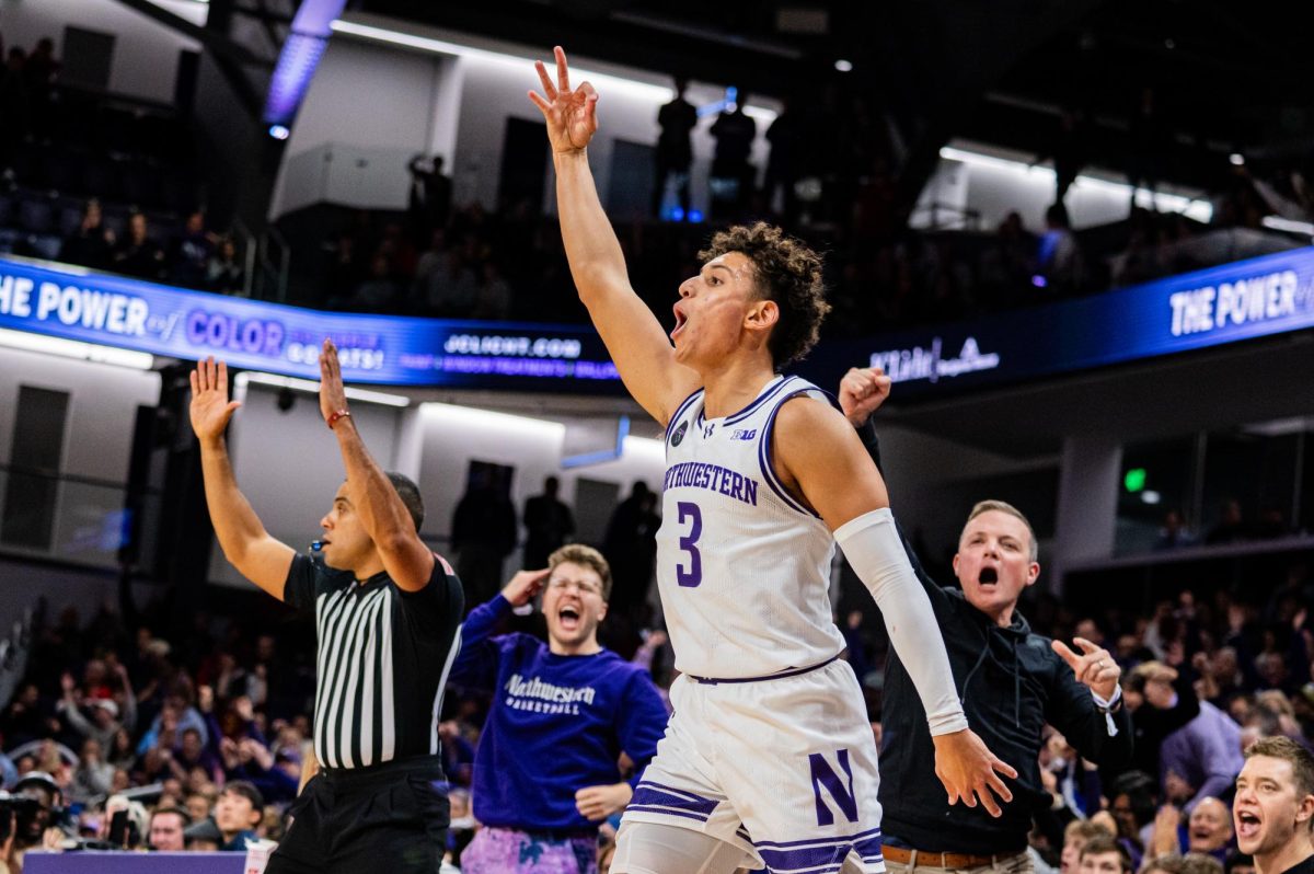 Senior+guard+Ty+Berry+celebrates+a+made+3-pointer.+Berry+notched+12+points+on+3-of-5+shooting+from+beyond+the+arc+in+Northwesterns+65-46+win+over+Arizona+State.