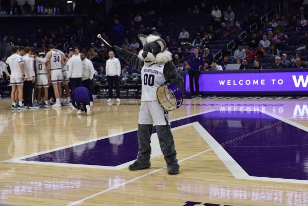 The wildcat mascot plays a drum.