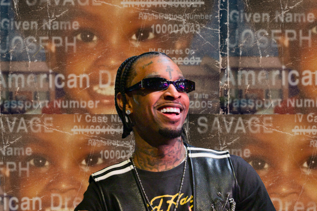 A+smiling+Black+man+with+dreadlocks+and+face+and+neck+tattoos+is+wearing+sunglasses+and+black+clothing+in+front+of+a+collage+of+the+album+cover+of+%E2%80%9Camerican+dream%E2%80%9D+by+21+Savage.