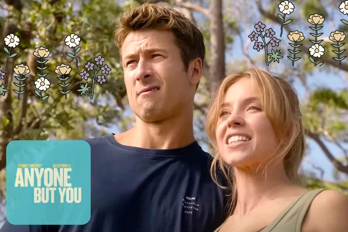 Stars Sydney Sweeney and Glen Powell pose together with goofy expressions.