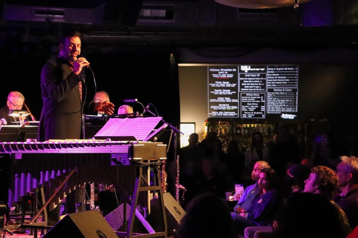 Singer Paul Marinaro sings a jazz rendition of David Bowie’s “Letter to Hermione” after explaining its origin to the audience at Evanston SPACE.