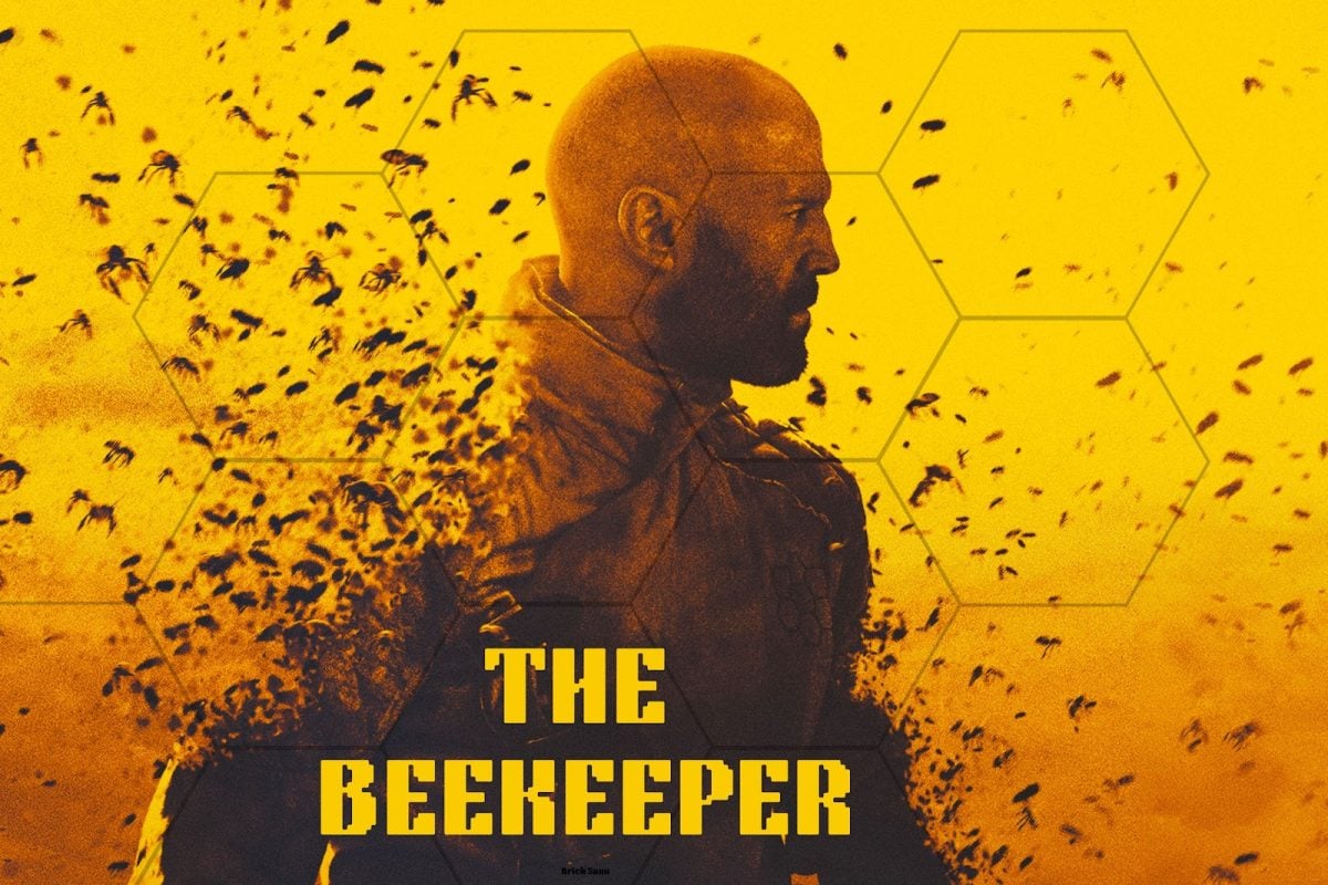 The upper torso and side of a man’s face are placed on a yellow backdrop. The left side of the man’s transitions into a large number of bees.
