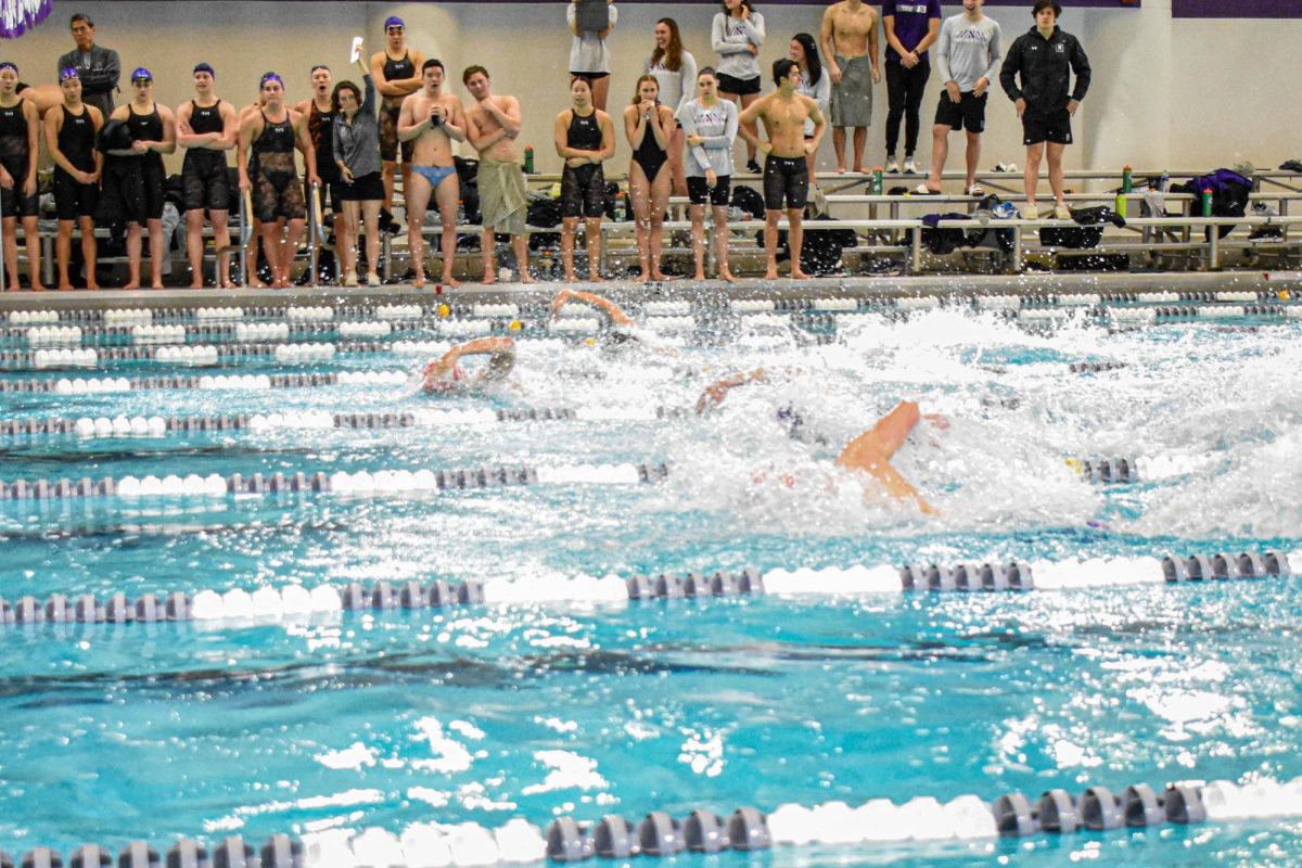 Northwestern men’s swim team races freestyle as fans observe from the sideline bleachers.