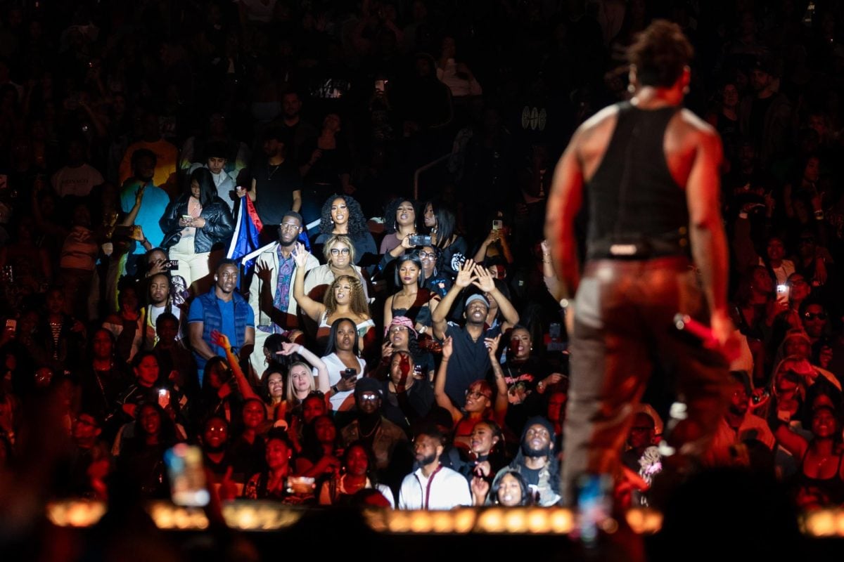 A spotlight shines on people in a crowd while an onstage singer stands in the foreground.