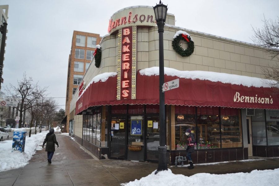 The exterior of Bennisons Bakery on Davis Street on a winter day in Evanston. 