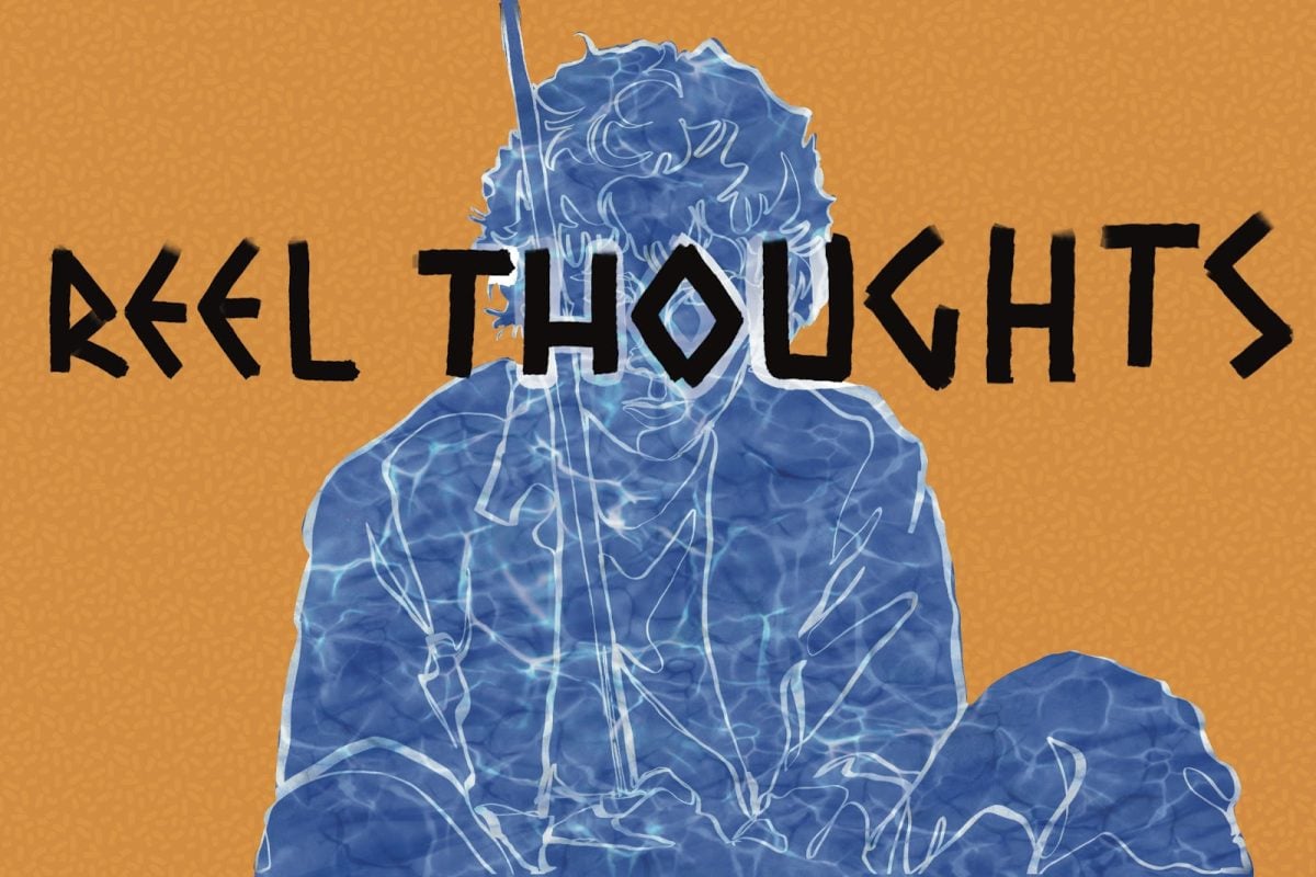 The silhouette of a boy covered in water effect holding a sword sits on an orange background. The words ‘Reel Thoughts’ overlay the image in black.