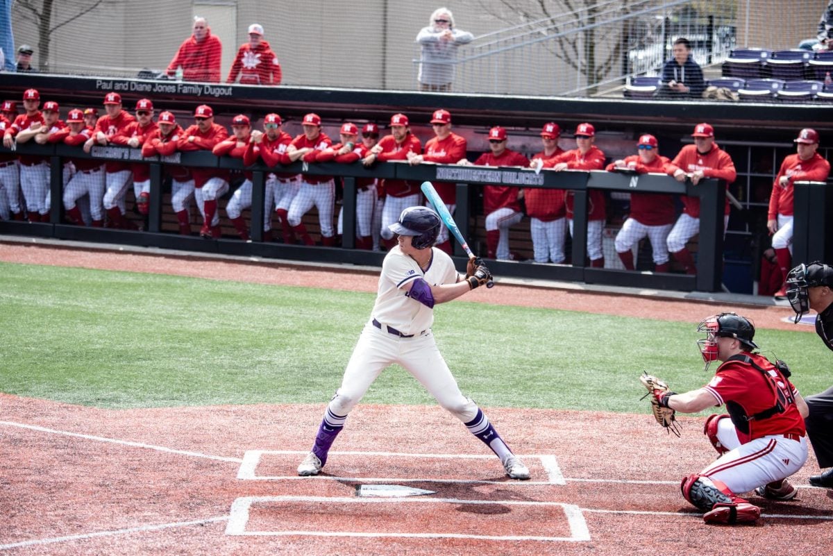 Freshman+outfielder+Jackson+Freeman+prepares+for+a+pitch.+Freeman+collected+five+RBIs+in+Northwestern%E2%80%99s+game+against+Nebraska+Sunday.