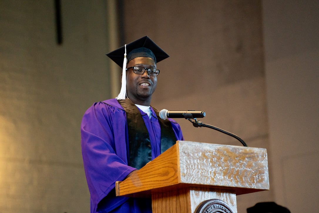 McKinley at his graduation. The Northwestern Prison Education Program’s inaugural commencement was held at Stateville Correctional Center on November 15, 2023.