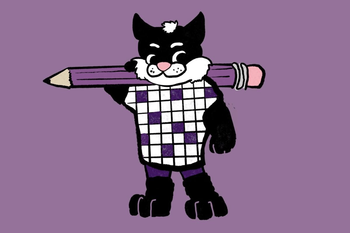 An illustration of Willie the Wildcat holding a large purple pencil against a purple background. He is wearing a T-shirt with a crossword-grid pattern.