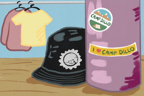 Aligned with the “camp” theme, Dillo Day merchandise includes bucket hats, water bottles and stickers as well as graphic T-shirts and hoodies.