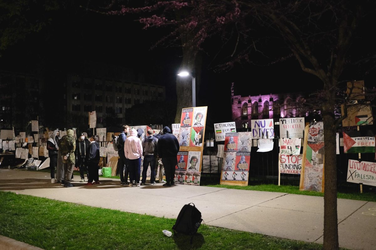 Protesters covered the fence separating Deering Lawn from Sheridan Road with signs and posters in support of Palestine.