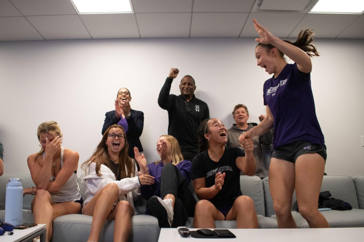 Members+of+Northwestern+women%E2%80%99s+tennis+celebrate+having+their+name+called+in+the+NCAA+Division+I+Women%E2%80%99s+Tennis+Championships+selection+show.+The+team+is+set+to+face+Arizona+State+in+the+opening+round.