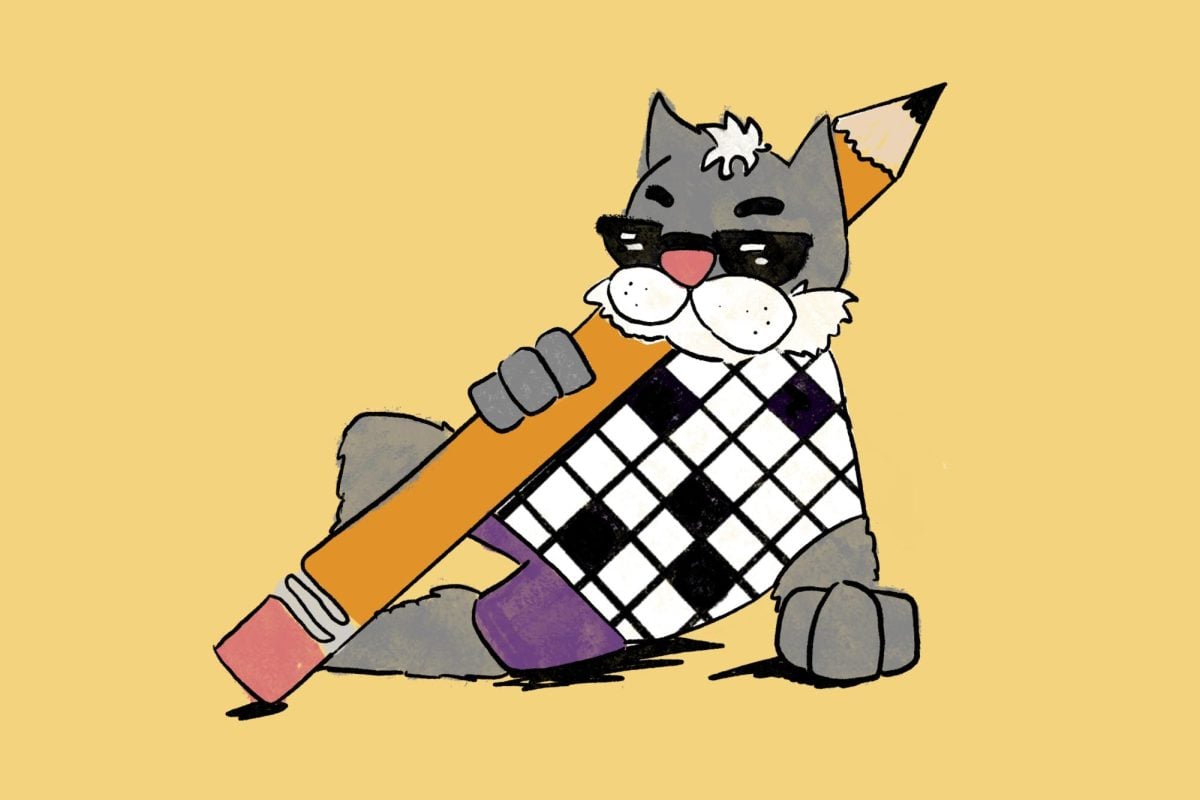 Willie+the+Wildcat%2C+wearing+a+checkered+T-shirt+and+sunglasses%2C+is+holding+a+large+pencil.+The+background+is+yellow.