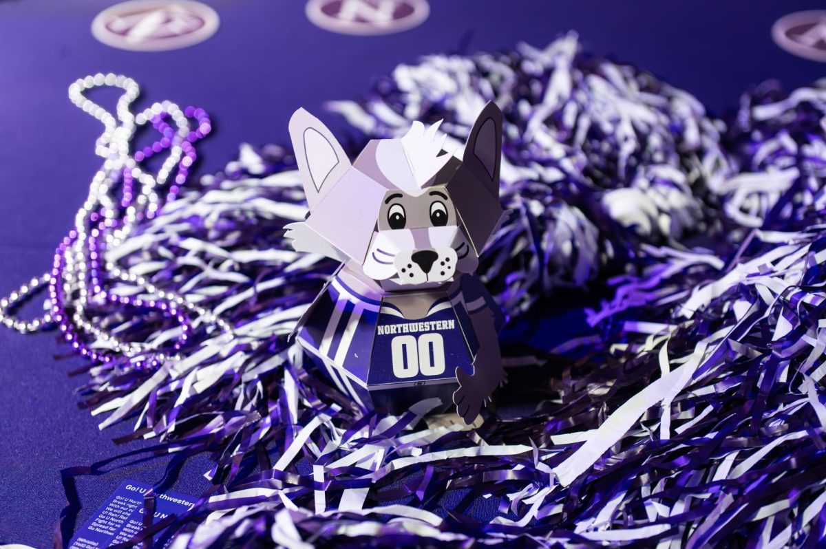 A cardboard Willie the Wildcat sits on a purple table with beads around it.