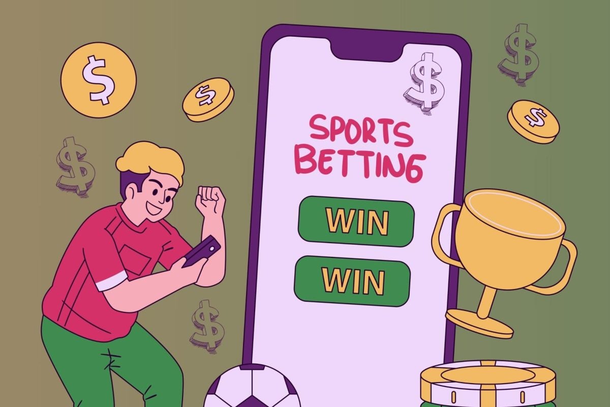 An illustration of a person celebrating while looking at their phone. A larger phone says “sports betting” and shows that they won. There is money and a trophy all around.