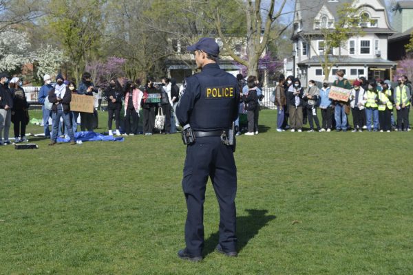 A police officer stands in front of protesters with their arms linked on a meadow.