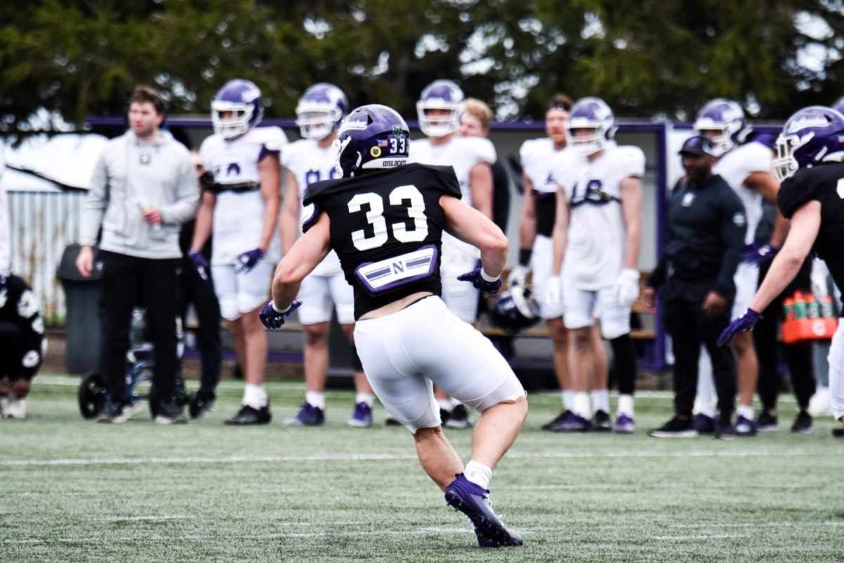 Junior linebacker Braydon Brus looks to make a play during Saturday’s final spring practice. Brus forced two fumbles on kickoff coverage last season.