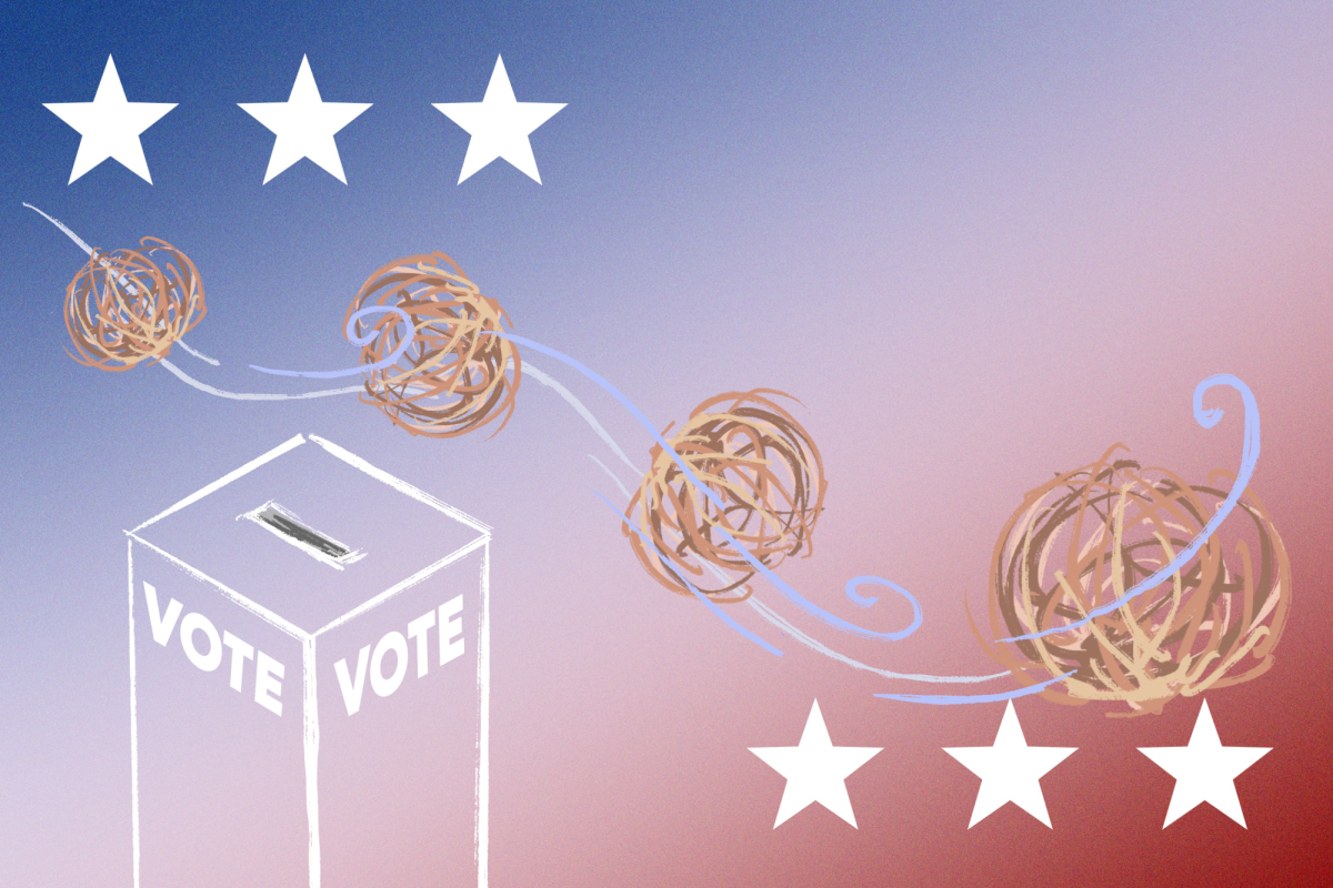 Several tumbleweeds blow past a ballot box in front of a blue and red background.