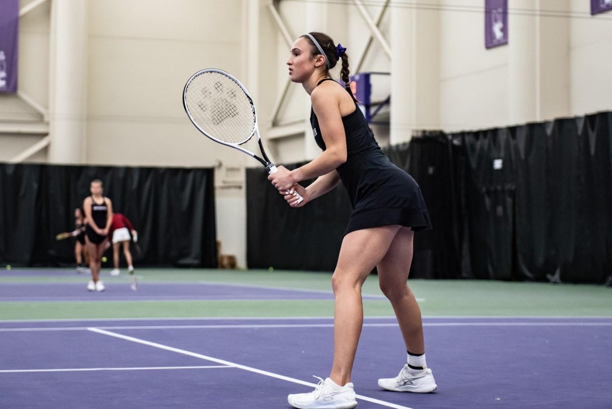 Senior Maria Shusharina prepares to return a point during a match earlier this season. She clinched the victory for Northwestern in the quarterfinals with a 6-3, 1-6, 7-6(10) victory.

