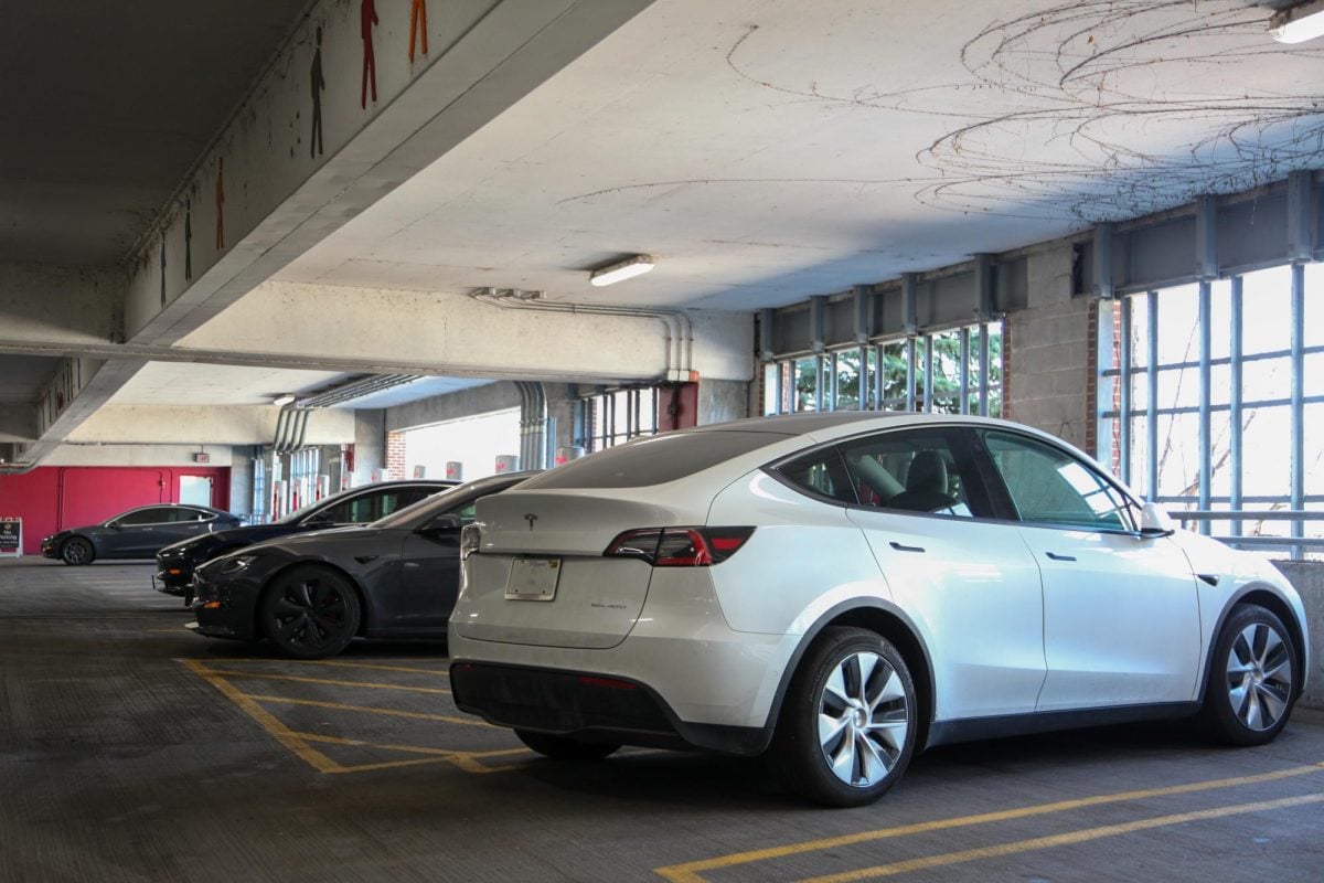 A car is parked in a parking garage.