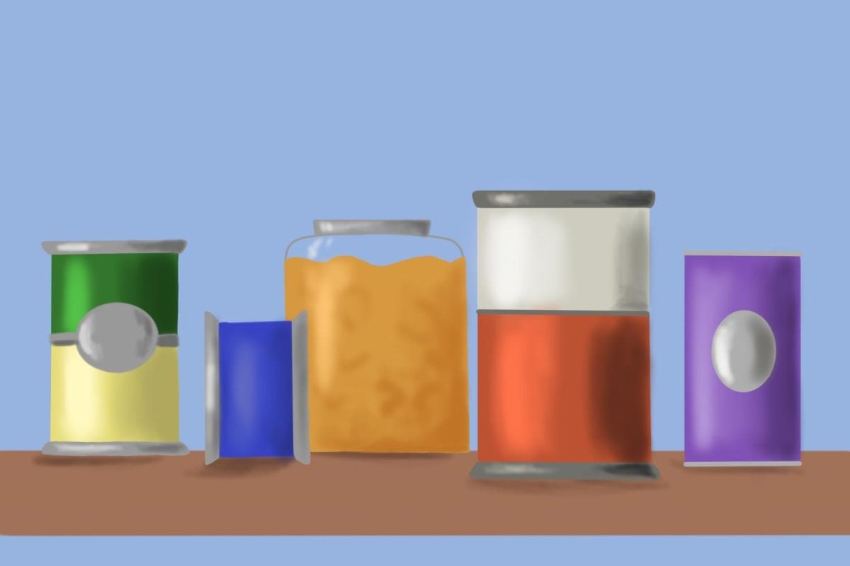 An assortment of bottles and cans that contain condiments.