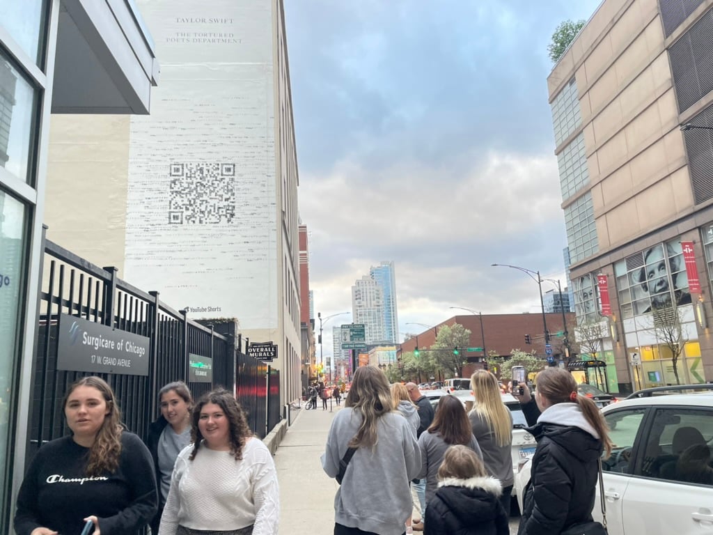 The QR code, located in River North, drew crowds hoping to make sense of Taylor Swift’s iconic “Easter eggs.”
