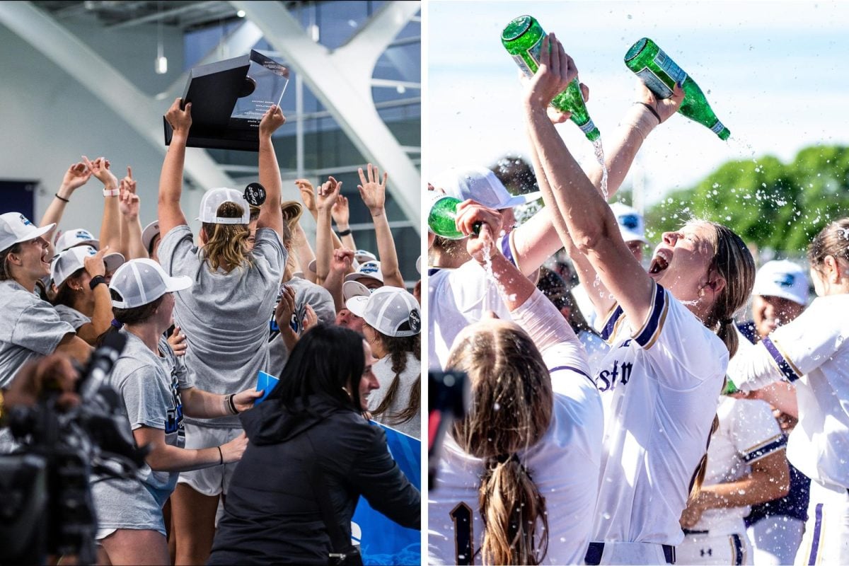 A collage of two pictures. In the top photo, the Northwestern lacrosse team hoists a trophy. In the bottom picture, members of the Northwestern softball team spray sparkling water.
