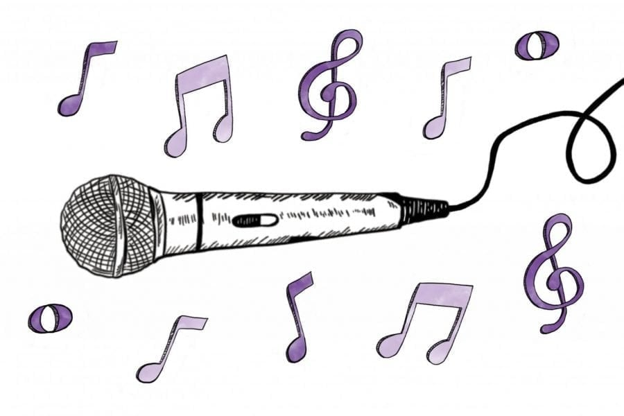 A drawing of a microphone surrounded by purple music notes.