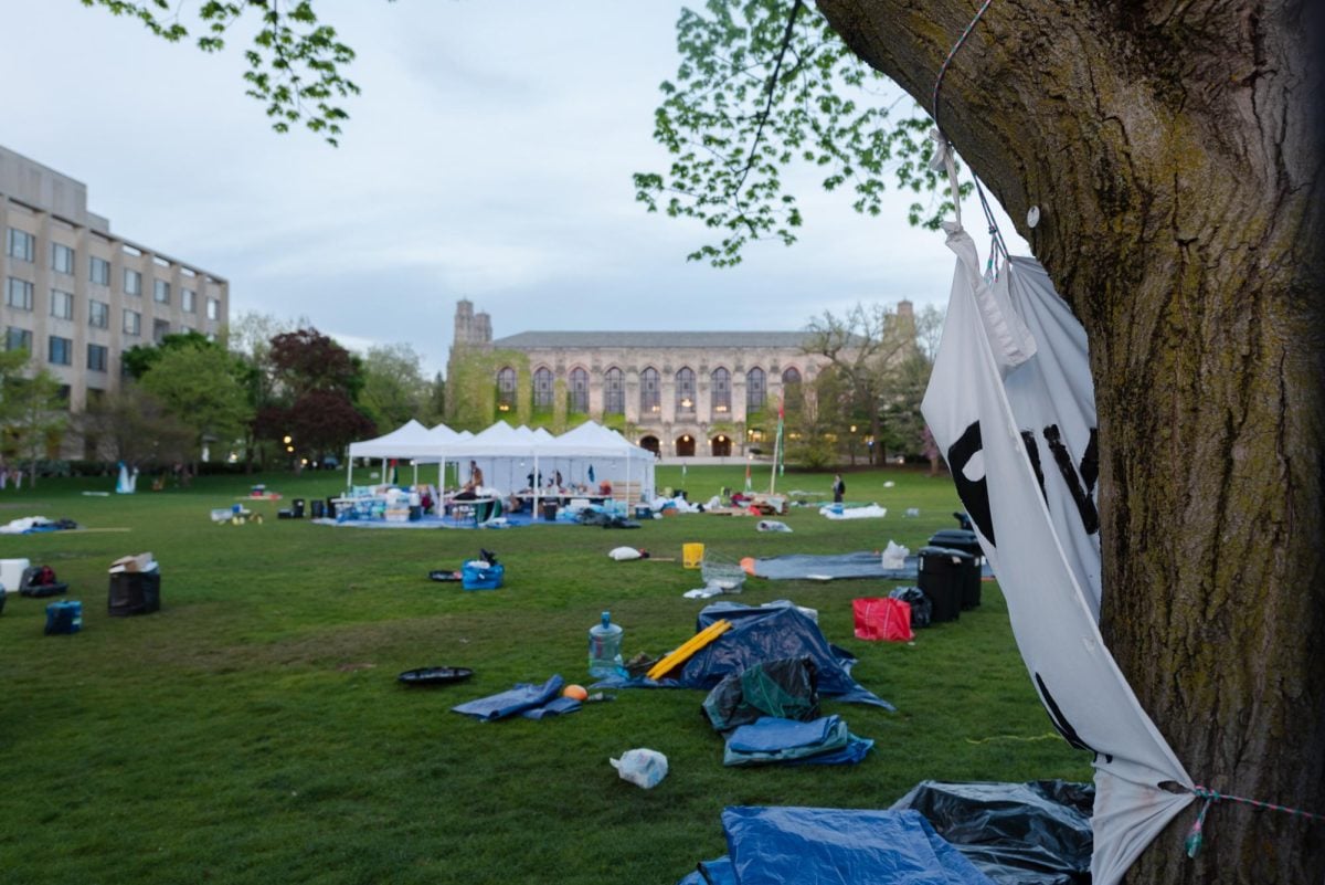 Per the agreement, just one “Medical Tent” — consisting of several connected white canopy tents — remains on Deering Meadow.