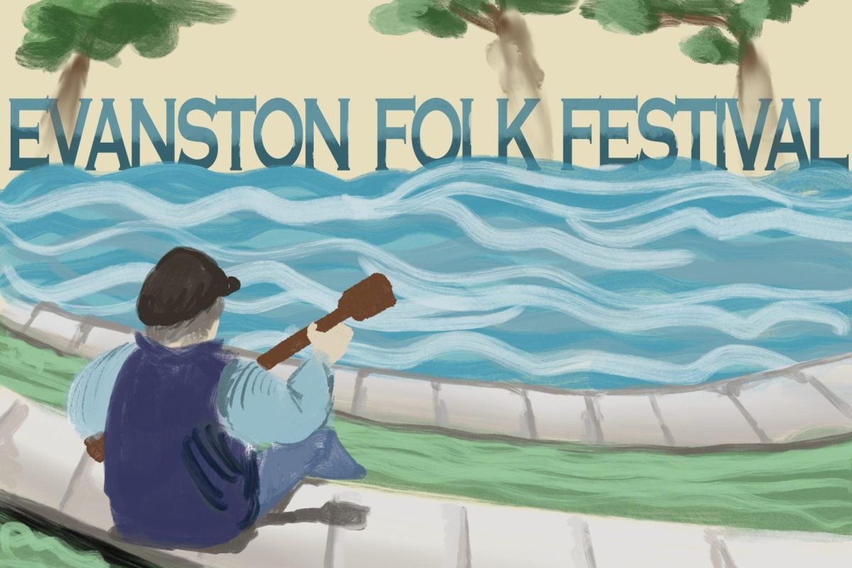 Man playing the banjo sits looking at water and text that says “Evanston Folk Festival”