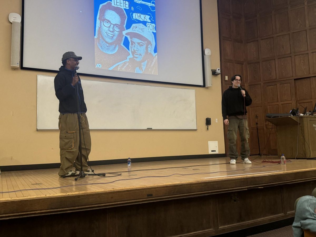 Zack Fox and Mekki Leeper answer students’ questions at A&O Spring speaker event. 