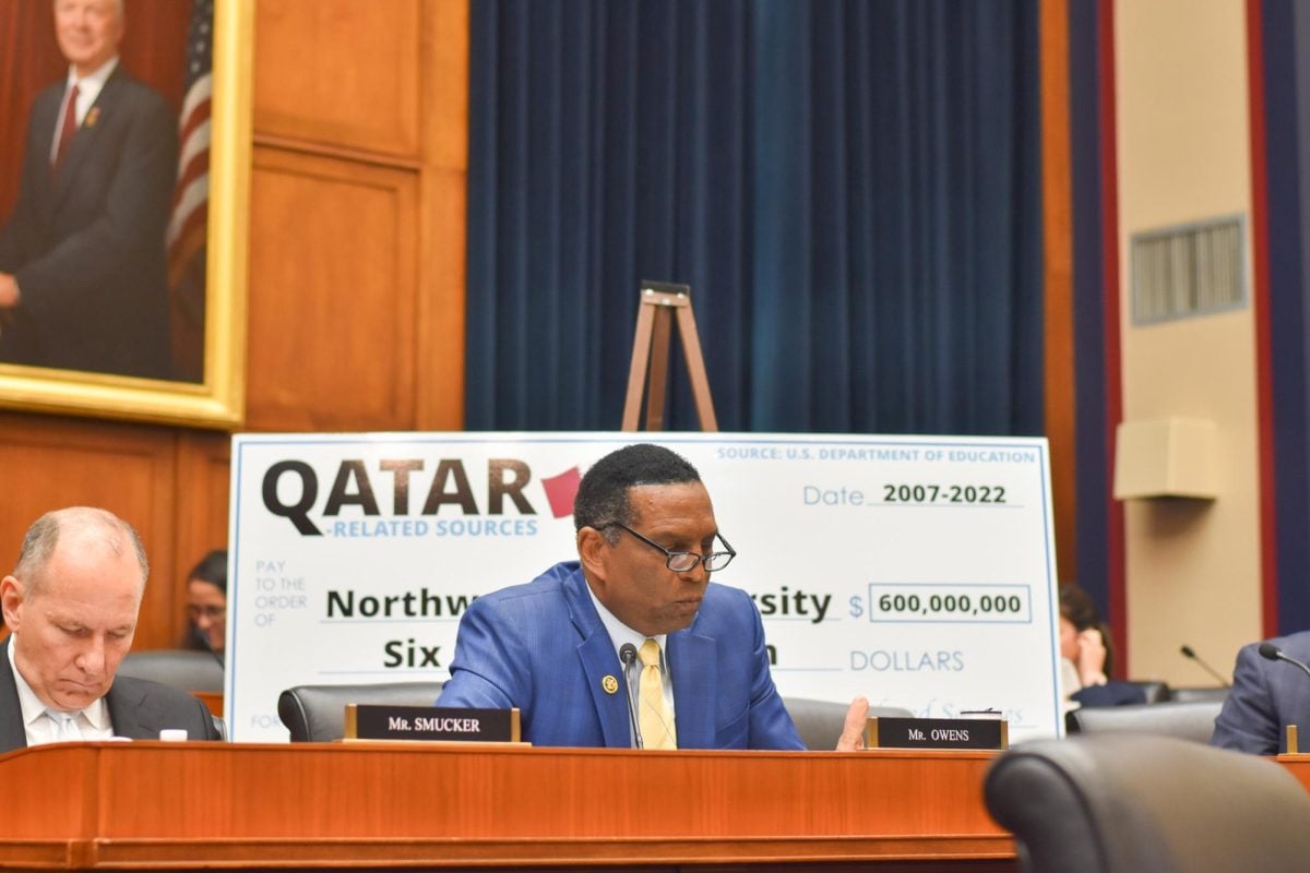 Rep. Burgess Owens (R-Utah) displays a check for $600 million to Northwestern from “Qatar-related sources.” The Qatar Foundation, which fully funds NU’S Doha campus, said it doesn’t attempt to influence University decisions after University President Michael Schill’s Thursday congressional hearing.