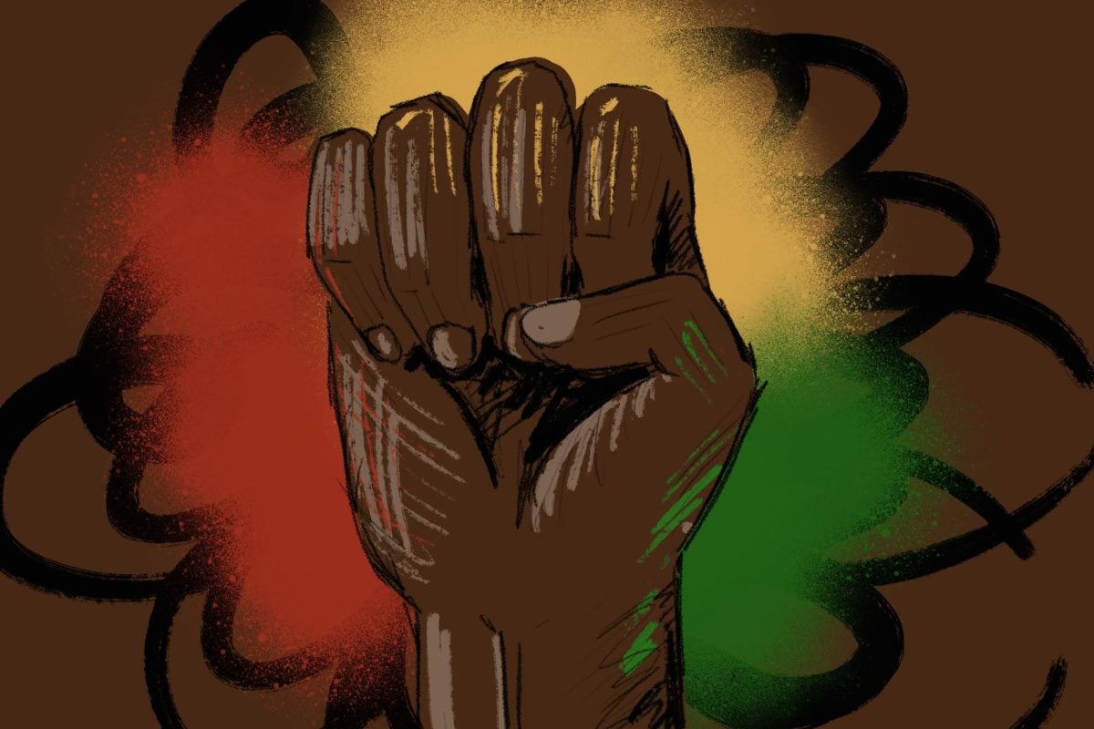 A fist in front of red, yellow and green poofs of color, all with a brown background with black scribbles.