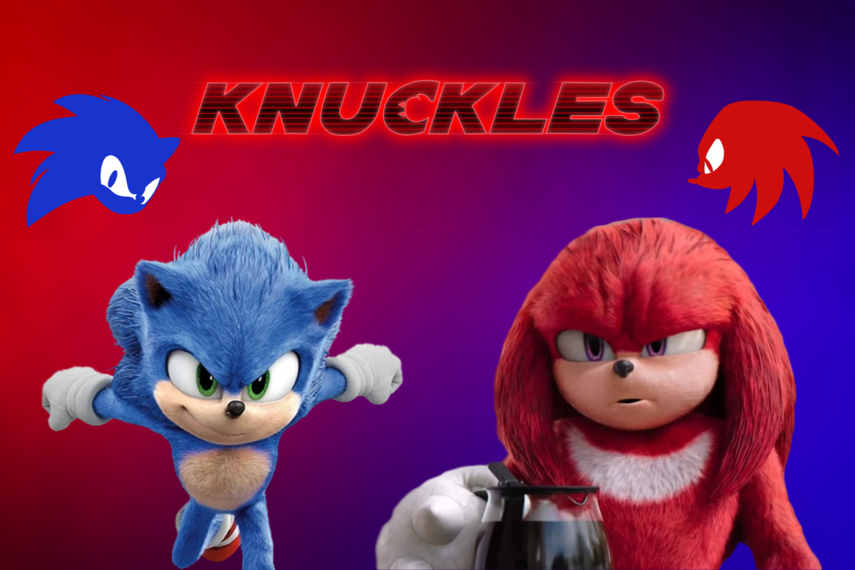 Knuckles and Sonic stand next to each other as logos of their heads sit above them