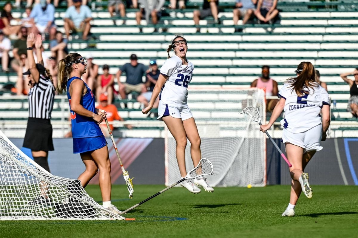 Graduate+student+midfielder+Lindsey+Frank+celebrates+after+scoring+a+goal+Friday+against+Florida.+Frank+had+a+hat+trick+as+Northwestern+advanced+to+the+national+championship.