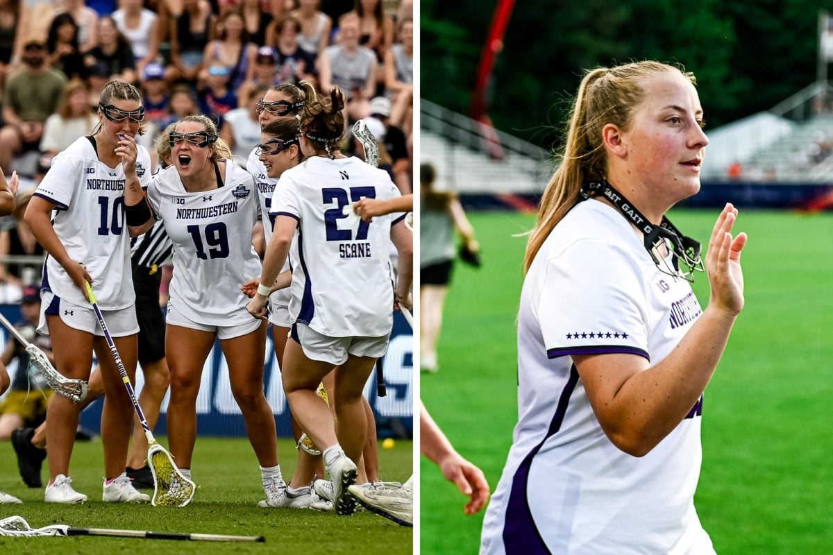 Left: Samantha Smith celebrates after scoring a goal against Florida Friday.
Right: Madison Smith in the postgame handshake line following Northwesterns win over Florida Friday.