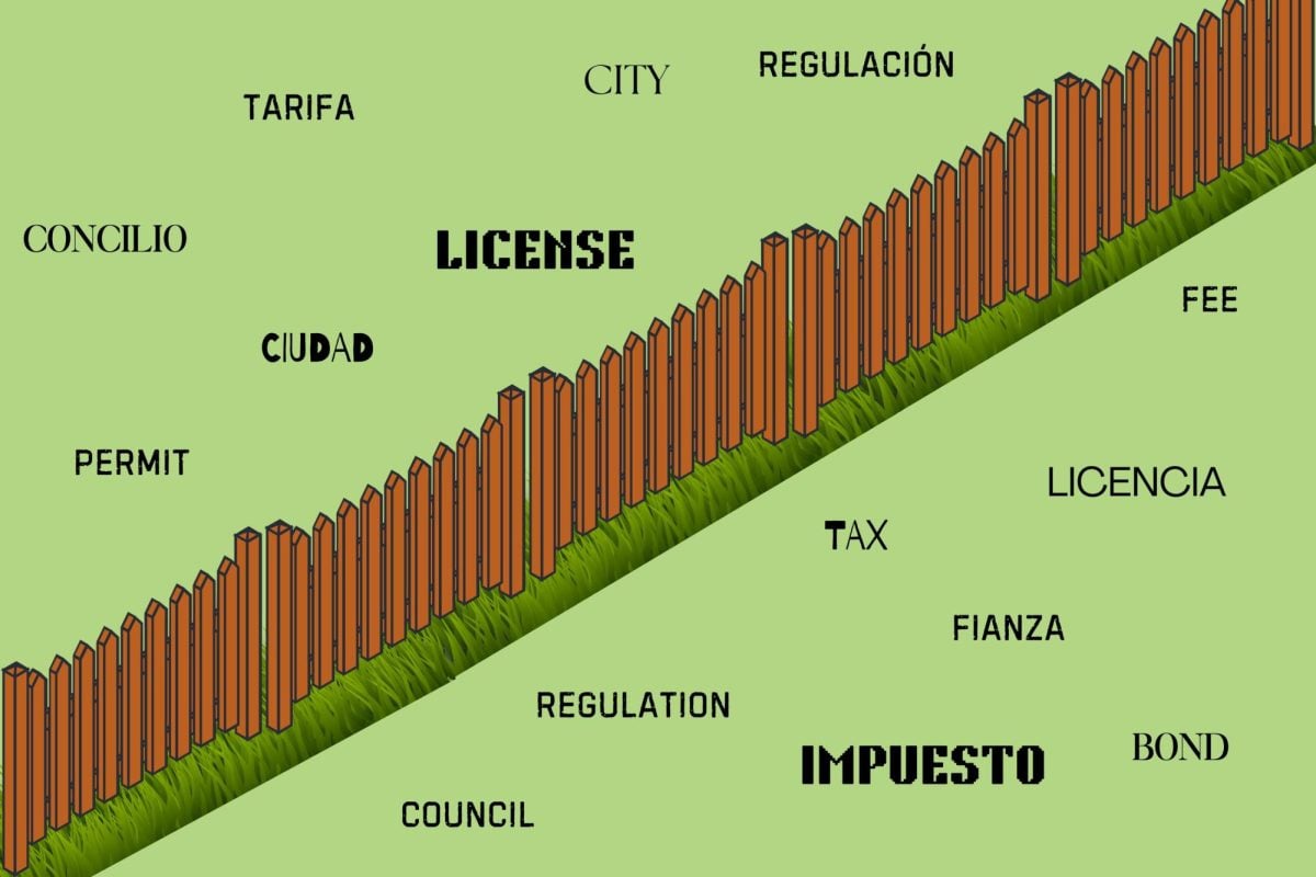 A fence with Spanish and English words on either side.