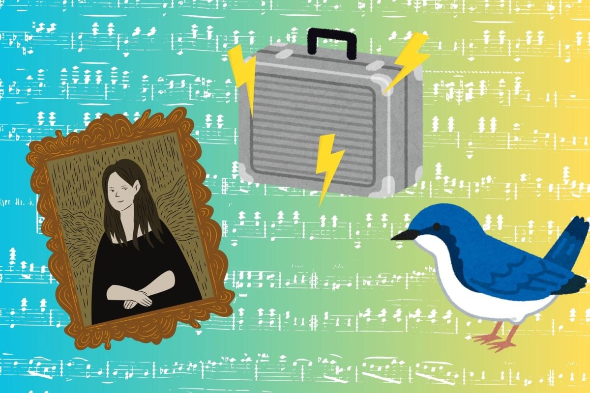 An+illustration+depicting+a+framed+painted+portrait+of+a+woman%2C+a+briefcase+surrounded+by+lightning+bolts+and+a+bluebird.+The+background+is+a+musical+notation+on+a+blue-to-yellow+gradient.