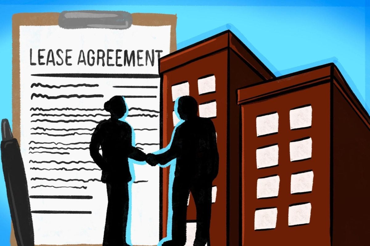 Two silhouettes shake hands in front of an apartment building and a large lease agreement on a clipboard.