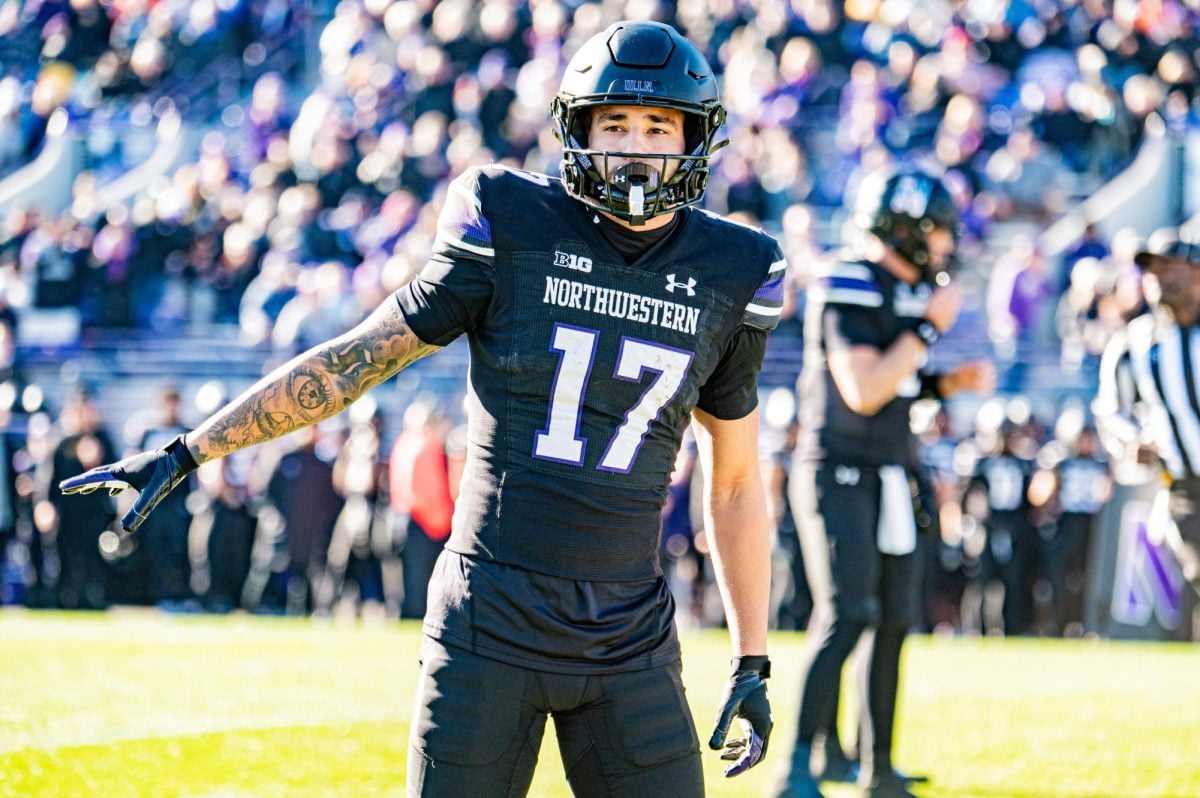 Graduate student wide receiver Bryce Kirtz lines up against Purdue last November. Kirtz hauled in five touchdown grabs in 2023.