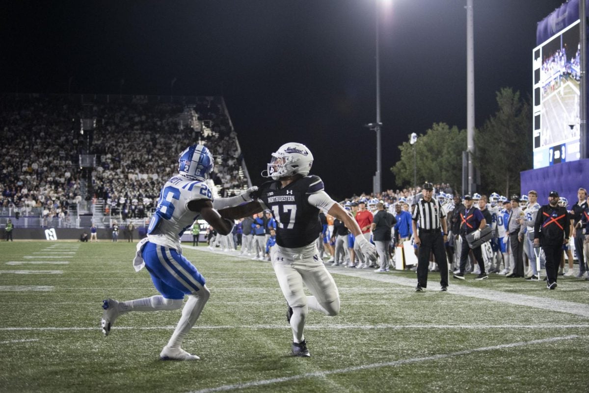 Graduate student wide receiver Bryce Kirtz attempts to haul in a deep ball against Duke Friday night.