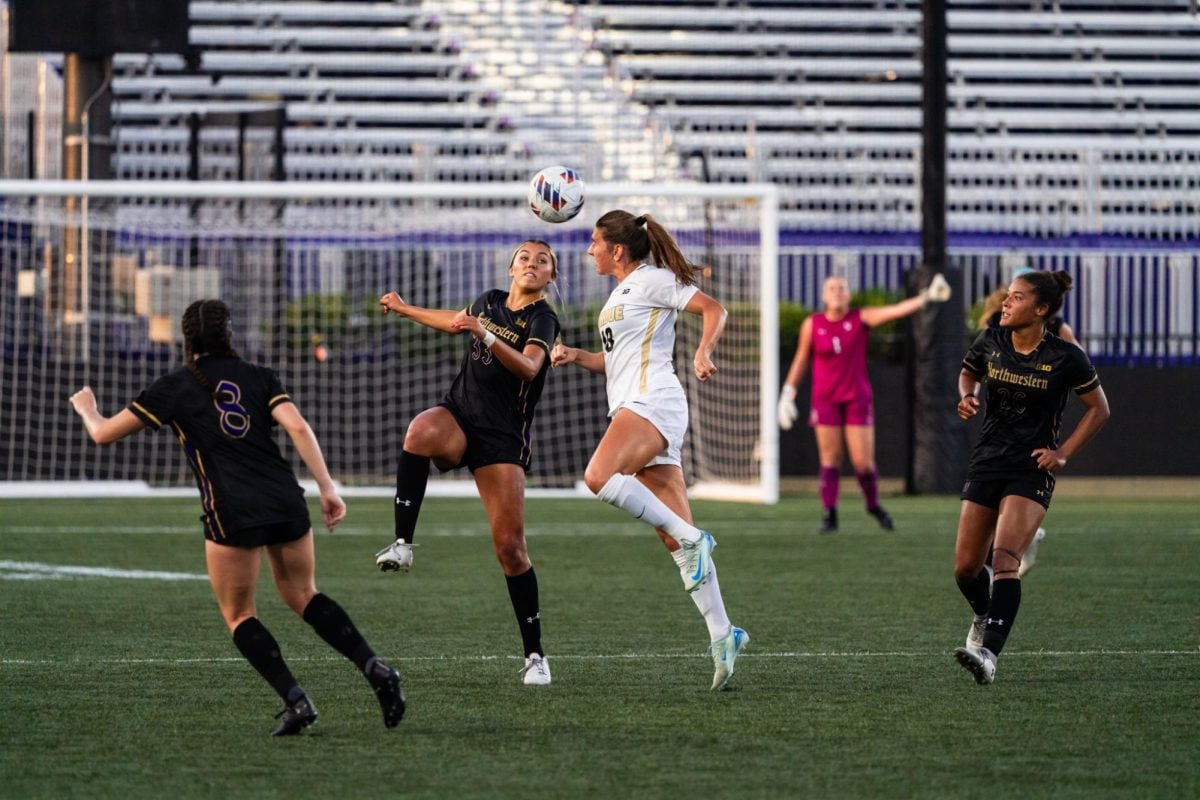 Freshman defender Tanna Schornstein heads the ball against Purdue Thursday.