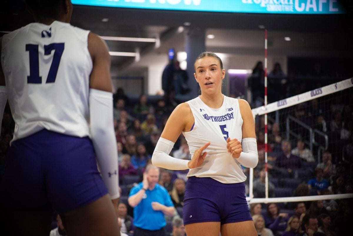 Graduate student Alexa Rousseau calls a play in a game last season. Rousseau recorded a triple-double in Thursday’s match with 25 assists, 15 digs and 17 kills.