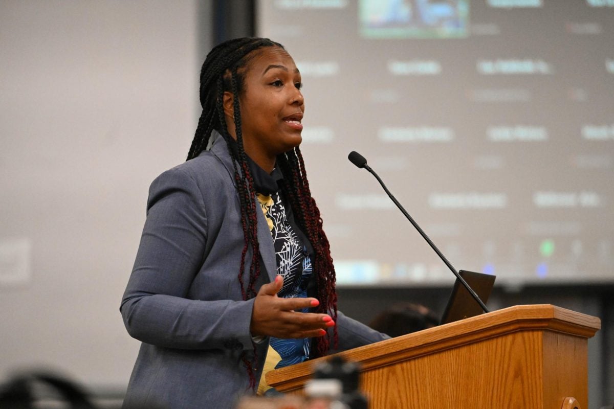 Neticia Waldron, who spearheaded the Evanston Pathway to Wellness initiative, speaks before City Council at the Lorraine H. Morton Civic Center on Monday.
