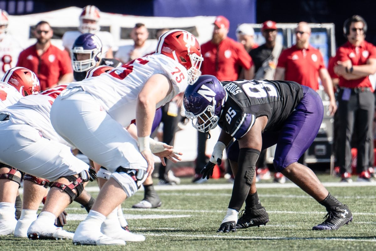 Redshirt junior defensive lineman Najee Story gets set ahead of a down against Indiana on Oct. 5.